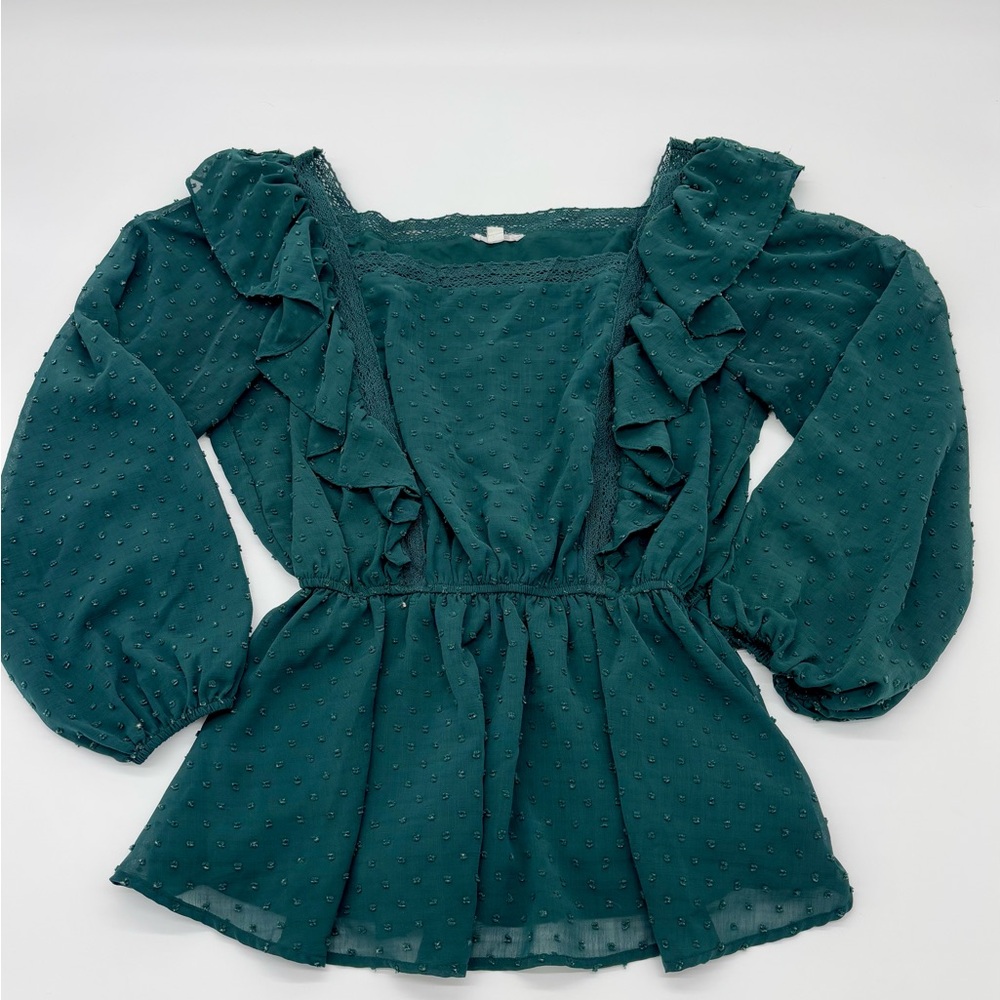 Chic Soul Swiss Dot Ruffle Long Sleeve Peplum Top – Size 1X – Green